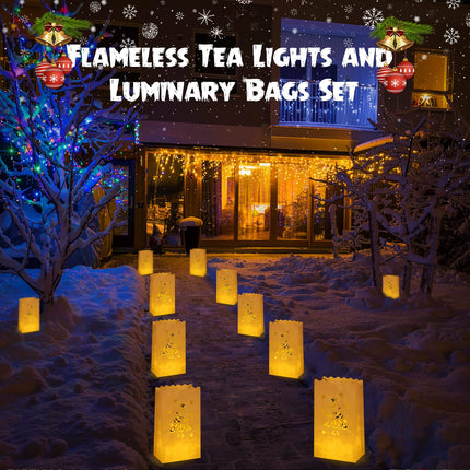 100 Set Luminary Paper Bags with Flameless Tea Lights Christmas Flameless Candle with Luminaries Candle Bag LED Tea Light for Birthday Wedding Halloween Christmas Thanksgiving Party Decor (Tree)