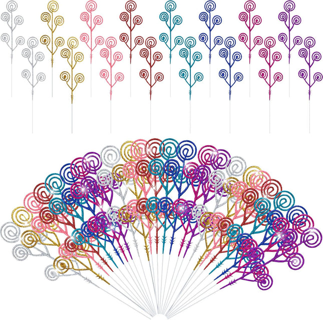 Suzile 96 Pcs Christmas Tree Decoration Candy Shape Curly Picks 12'' Artificial Glitter Stem Ornaments Glittery for DIY Crafts Xmas Tree Branches Vase Fillers (Multicolor)