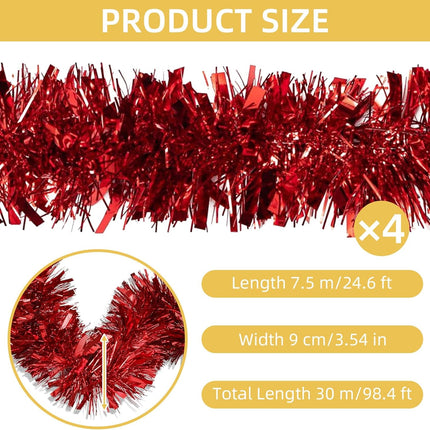 100 FT Red Tinsel Garland Christmas Halloween Tinsel Garland Decorations Metallic Tinsel Twist Garland for Christmas Tree Year Holiday Birthday Party Decorations (3.54" x 50', Red)