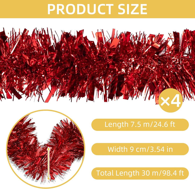 100 FT Red Tinsel Garland Christmas Halloween Tinsel Garland Decorations Metallic Tinsel Twist Garland for Christmas Tree Year Holiday Birthday Party Decorations (3.54" x 50', Red)