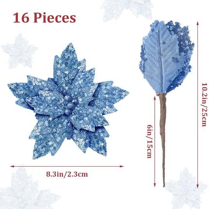 Waydress 16 Pieces Christmas Glitter Poinsettia Flowers Artificial Christmas Tree Ornaments Christmas Decor with Stem DIY Xmas Wreath Party Holiday Decor(Light Blue)