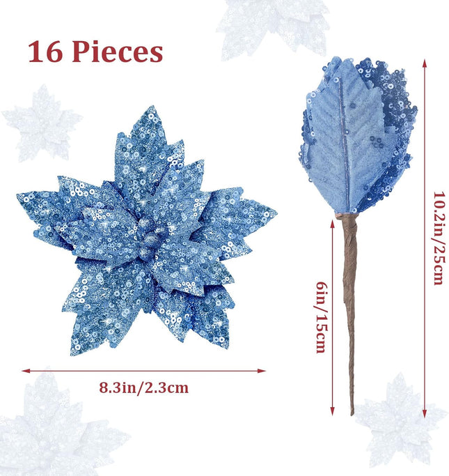 Waydress 16 Pieces Christmas Glitter Poinsettia Flowers Artificial Christmas Tree Ornaments Christmas Decor with Stem DIY Xmas Wreath Party Holiday Decor(Light Blue)