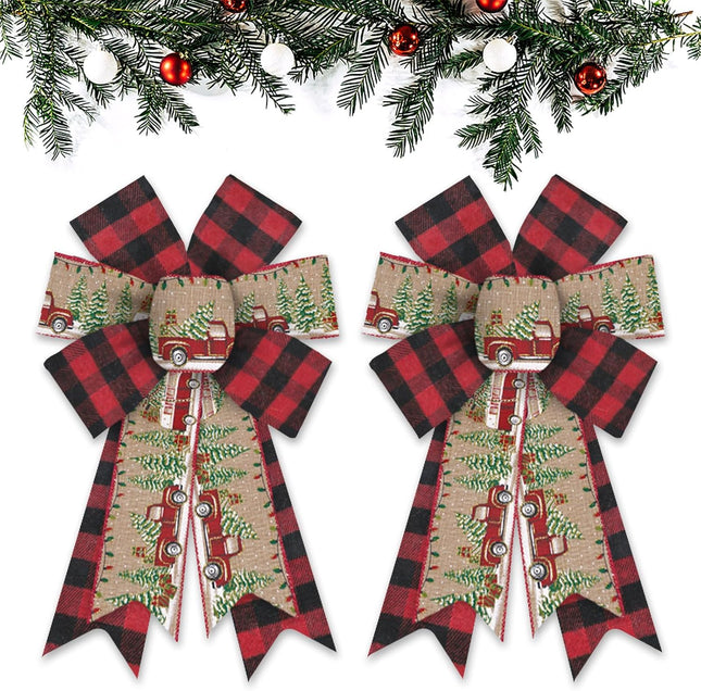 ABTOLS 2PCS Christmas Wreath Bows, Black Red Buffalo Plaid Bows for Wreath Xmas Truck Bows for Front Door Christmas Tree Wall Ornaments Tree Topper Bows for Christmas Home Indoor Outdoor Decor