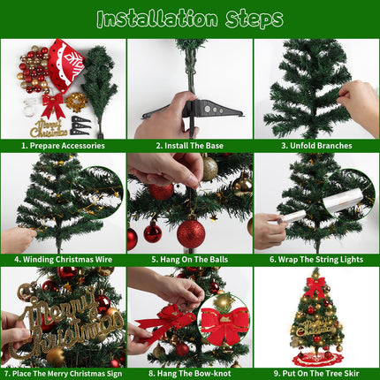60CM Mini Christmas Tree, Pink Tabletop Christmas Tree Small Xmas Tree with 29 Pieces Ornaments, Small Prelit Christmas Tree with Light for Home, Party DIY Christmas Decorations,Green