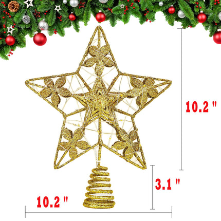 Glitter Gold Star Tree Topper, 3D Hollow Poinsettia Tree Toppers Christmas Decorations Battery Operated, Metal Christmas Tree Topper Star with Lights, Lighted Christmas Tree Star Topper