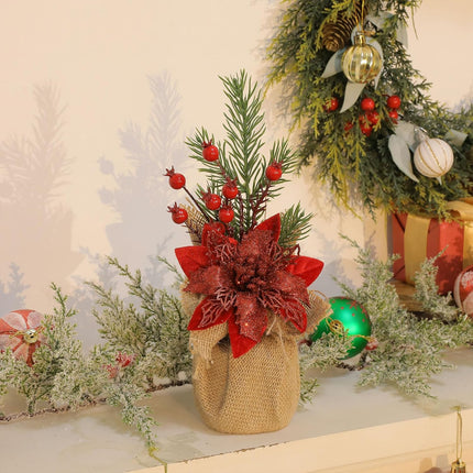 U'Artlines 2Pcs Artificial Christmas Tabletop Decorations, 12.6 Inch Mini Artificial Christmas Tree with Poinsettia Flower Red Berry Pine Branch for Home Table Xmas Party Decoration