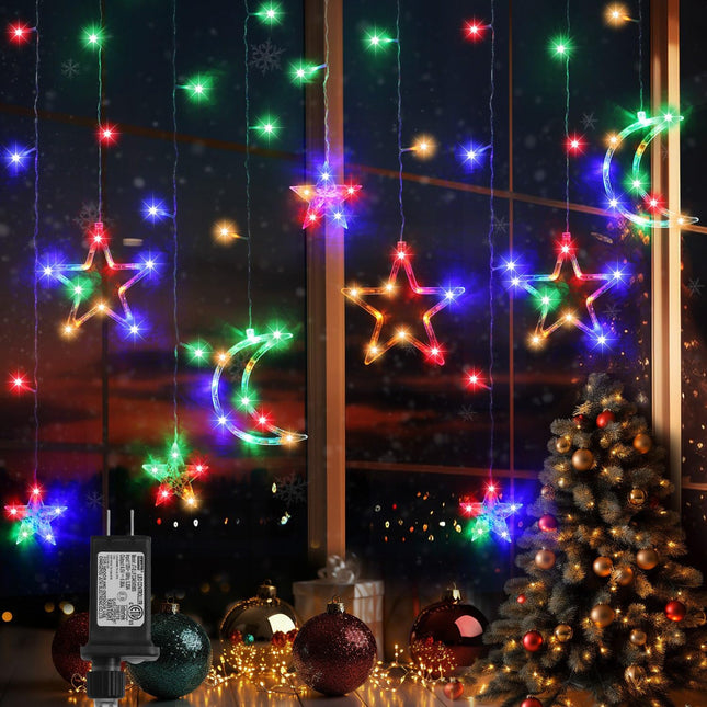 PUHONG Christmas String Lights, 138 LEDs Curtain Lights with 8 Light Modes, 11.48FT Star Moon Indoor Outdoor Fairy String for Window, Bedroom, Wall, Home Decoration - Multicolored