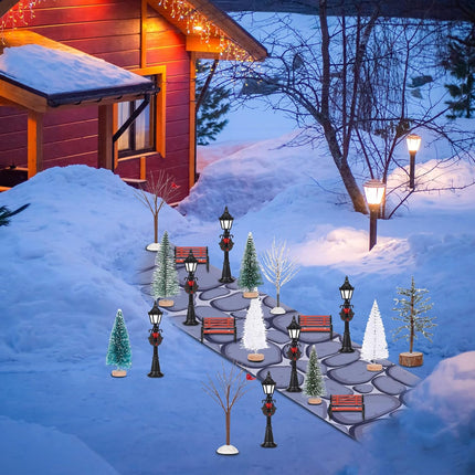 Hiboom 32 Pcs Christmas Figurine Village Accessories Mini Village Trees Frosted Christmas Pine Trees Cobblestone Street Accessory Figurine Village Display for Xmas Winter House Decor