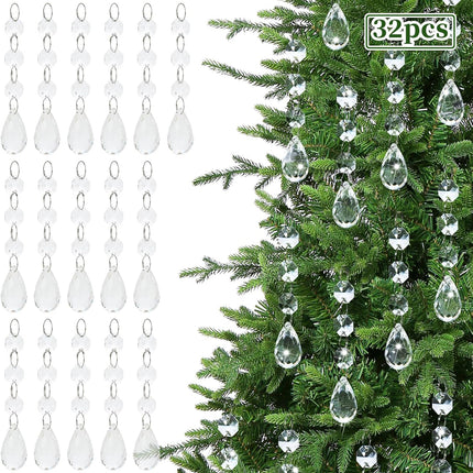 SUPREME XMAS Crystal Christmas Ornaments for Christmas Tree Decorations, 32pcs Clear Acrylic Hanging Teardrop Crystals for Centerpieces Chandelier Garland Beads Wedding Party Indoor Home Decor