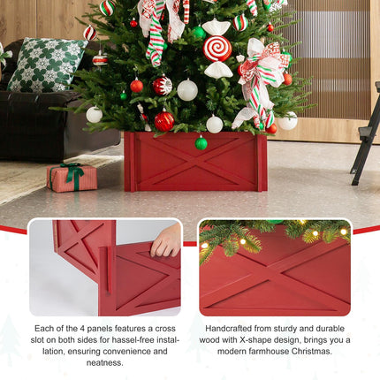 Glitzhome 24.5" L Farmhouse Handcrafted Wooden Tree Collar Tree Base Cover Decorative Christmas Tree Skirt Tree Box, Red