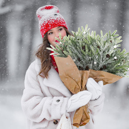 Cindeer 24 Pcs Christmas Snowy Pine Tree Pick 14'' Artificial Pinecones Spray Faux Cedar Pine Needles Branches Frosted for Holiday Floral Arrangement Wreath DIY Garland Holiday Decor Winter Greenery