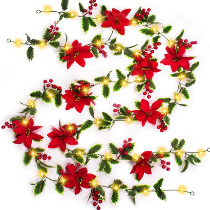 2pcs Christmas Garland with 20 LED Lights-6.5Ft Garland Christmas Decorations Indoor Multiple Mode Poinsettia Holly Per-Lit Christmas Garlands Battery Operated Garland for Mantel Stair Fireplace