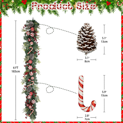 Red and White Christmas Garland 6Ft Christmas Garland Ornaments with 15 Balls, 3 Pinecones, 3 Candy Canes, Doorway Garland Christmas Decorations for Fireplace Mantel Staircase Front Door Porch Holiday