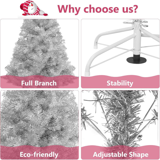 Arthas 6' Ft Tinsel Christmas Tree for Home Décor Xmas Holiday Seasonal Sparking Gorgeous Folding Artificial Christmas Tree (Silver)