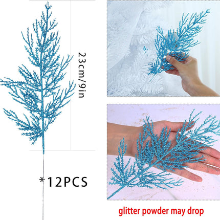 GREENTIME 12 Pack Artificial Blue Flat Glitter Pine Needles 13" Fake Christmas Picks Decorative Glitter Sticks for Vase Christmas Tree DIY Wreath Crafts Fireplace Decor