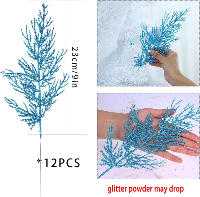 GREENTIME 12 Pack Artificial Blue Flat Glitter Pine Needles 13" Fake Christmas Picks Decorative Glitter Sticks for Vase Christmas Tree DIY Wreath Crafts Fireplace Decor