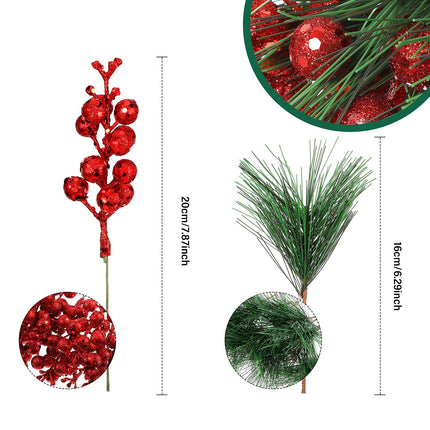 Geosar 24 Pieces Christmas Artificial Greenery Pine Branches Christmas Holly Artificial Berry Stems Pine Needles Branches Floral Picks Xmas Tree Party for Christmas Holiday Decor (Red)