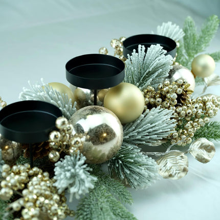 YULETIME 28" Christmas Triple Candelabrum, Holiday Candle Holder with Three Trays, Gold Baubles, Golden Berries & Leaves, Snowy Flocked Pine Needles (Gold)