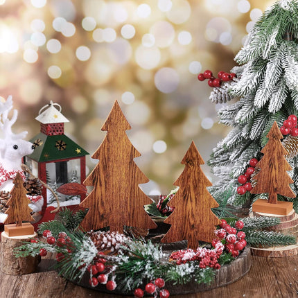Sawysine 4 Pcs Wooden Christmas Tree Tabletop Decor Rustic Wood Christmas Trees Table Centerpieces Christmas Tiered Tray Decor Wood Trees with Rectangular Base for Xmas Winter Holiday (White)