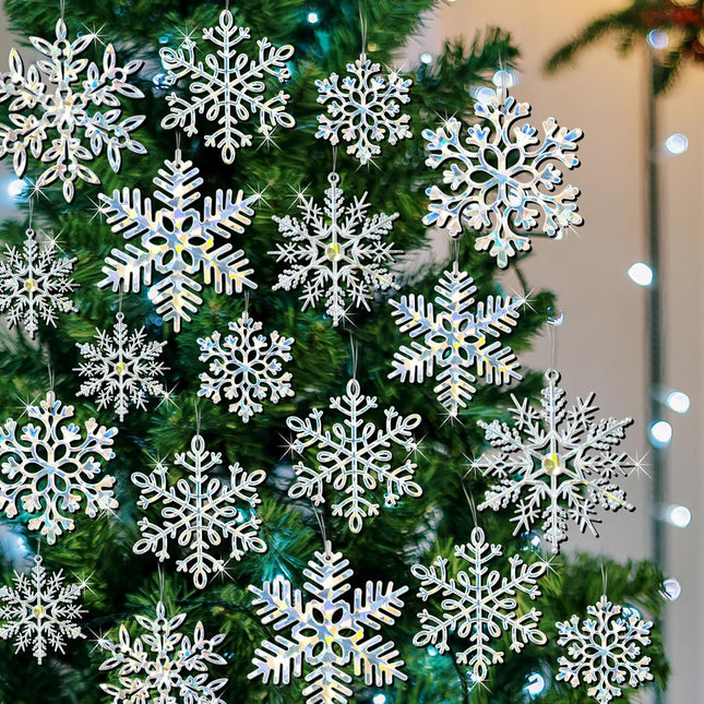 72Pcs Snowflakes Christmas Tree Decorations - Iridescent Christmas Tree Ornaments Hanging Glitter Snowflakes for Christmas Tree Winter Holiday Party Wall Ceiling Window Decorations
