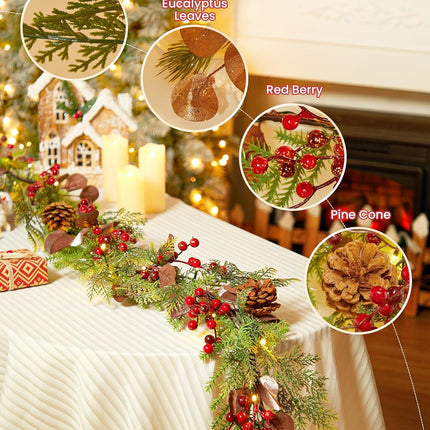 Brightown Christmas Garland with Lights, Battery Operated, 6 Ft 20 LED Lighted Pine Leaves Garland Decorated with Pine Cones, Berry, Eucalyptus Leaves, Indoor Christmas Lights for Mantle Stairs Wall