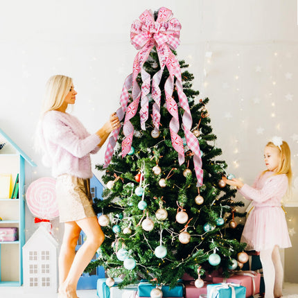 Pink Christmas Tree Topper Bow - 45'' x 13'' Large Pink Plaid Edge Ribbon Bow for Tree & Wreath - Rustic Christmas Tree Decor, Pink Buffalo Plaid Bow Wreath for Christmas Decorations