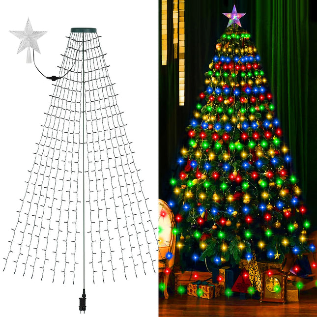DBF 400 LED Multicolor Christmas Tree Lights, Christmas Lights Indoor with Star Tree Topper, 6.6FT x 16 Drop Christmas Lights Outdoor with 8 Models & Memory Function for Christmas Decorations