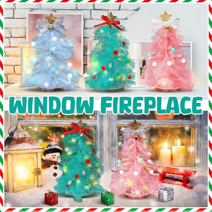 Hungdao 3 Set DIY Christmas Tree Craft Kit Christmas Tabletop Decorations 12 Inch Tulle Christmas Tree with Light Christmas Tree Centerpieces for Table for Christmas Birthday Holiday Women Decor
