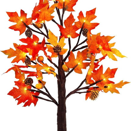 Twinkle Star 23 Inch Tabletop Lighted Maple Tree Battery Operated, Thanksgiving Table Decor with 32 LED Lights, Maple Leaves, Pine Cones and Acorn Autumn Tree for Indoor Home Bedroom Fall Decorations