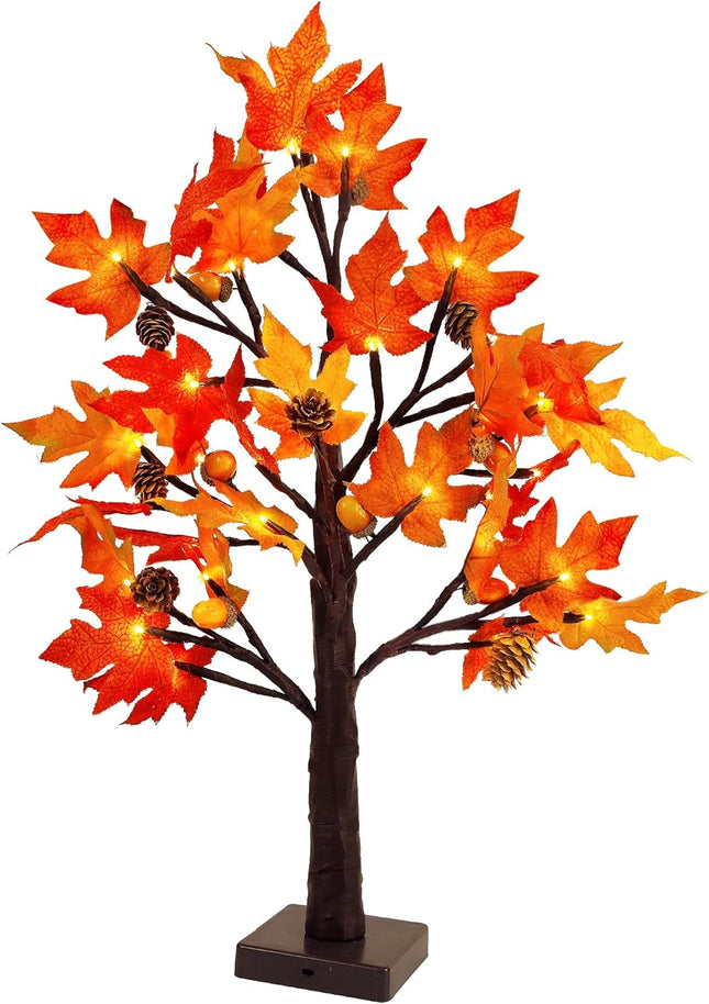 Twinkle Star 23 Inch Tabletop Lighted Maple Tree Battery Operated, Thanksgiving Table Decor with 32 LED Lights, Maple Leaves, Pine Cones and Acorn Autumn Tree for Indoor Home Bedroom Fall Decorations
