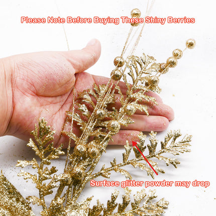 Artificial Glitter Berry Stem Ornaments, 18 Pack 17.5 Inch Gold Fake Christmas Picks Decorations with Poinsettia Christmas Flowers, Bead Sticks for Christmas Tree Wedding Small Vase Wreath Decor