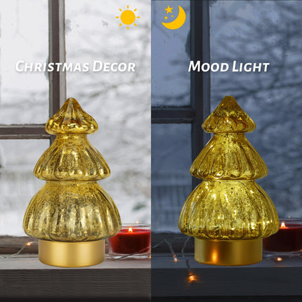 Glass Christmas Tree - Small Battery Operated Desk Lamp with Timer, Tabletop Christmas Tree Decoration Indoor, Glass Xmas Cordless Table Lamp for Bedroom College Dorm Room Christmas Decor Gold