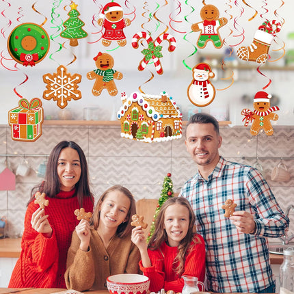 52 Pcs Christmas Gingerbread Man Party Hanging Swirl Decorations, Merry Gingerbread Man Snowflake Christmas Tree Ceiling Hanging Streamers Swirl for Xmas Winter Year Holiday Party Supplies