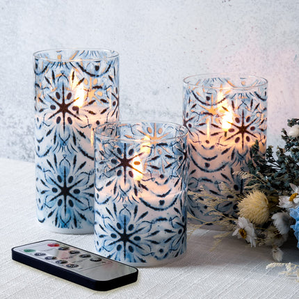 Eywamage Blue Snowflakes Flameless Candles in Glass Jars, Flickering Battery LED Pillar Candles with Remote Set of 3