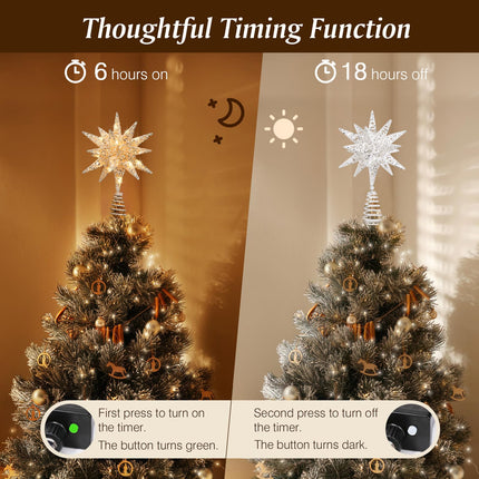 Lewondr Christmas Star Tree Topper, 3D Star Plugged Decorative Treetop with LED Light Beads for Home Holiday Xmas Decor 6-Hour Timer Function 5m Cable, Silver