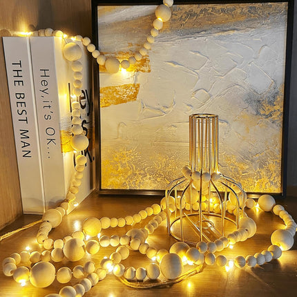 11.8 Feet Christmas Garland Christmas Tree Decorations, Boho Decoration Hanging Wooden Bead String Light, Bead Ornament String Garland for Christmas Thanksgiving Fireplace Mantel Birthday Party Decor