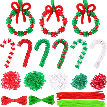 Lanstics 60 Sets Christmas Craft for Kids Beaded Ornament Kit Including 30 Sets Wreath, 30 Sets Candy Cane for Xmas Craft Tree Decorations Adults Kids Holiday Party (Assembly Needed)