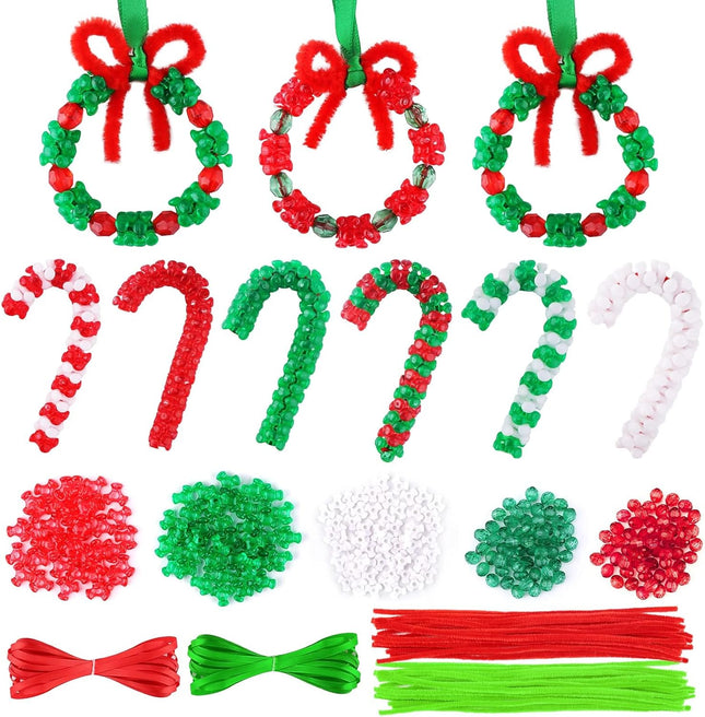 Lanstics 60 Sets Christmas Craft for Kids Beaded Ornament Kit Including 30 Sets Wreath, 30 Sets Candy Cane for Xmas Craft Tree Decorations Adults Kids Holiday Party (Assembly Needed)