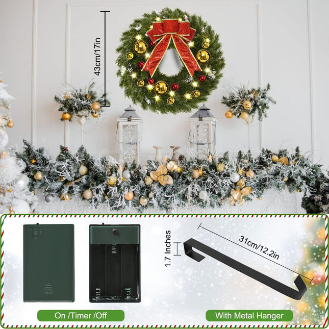 YoleShy 17 Inch Pre-lit Christmas Wreath with Hanger & Bow & Bells Battery Operated Christmas Wreath Christmas Decorations for Window, Front Door, Wall Decor, Fireplace