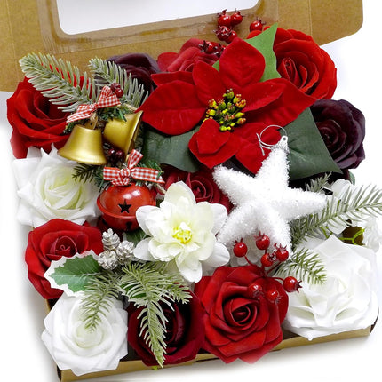 Artificial Flower Box Set Christmas red Themed Floral Decorations，Silk Fake Flowers for DIY Centerpieces Cake Decorations, Xmas Wreath Floral Arrangements Party (Merry Christmas Red)