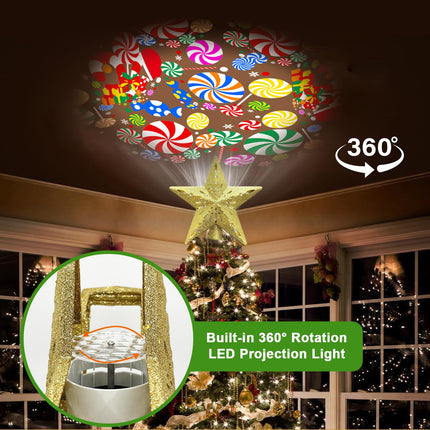 10" Christmas Tree Topper Projector with 6 Projection Modes, Built-in LED Rotating Light, 3D Glitter Dynamic Projector Light Up Tree Topper Star for Xmas Holiday Party Decorations s (Gold)