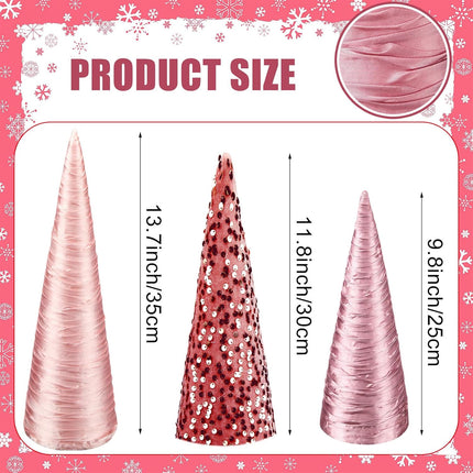 Ceenna 3 Pcs Pink Christmas Cone Trees, Velvet Sequin Christmas Tree Cones Modern Winter Tree Decorations Handmade Table Centerpiece Decor for Xmas Farmhouse Home Decor (13.7inch, 11.8inch, 9.8inch)