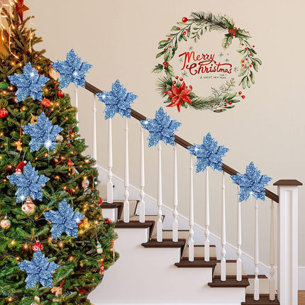Waydress 16 Pieces Christmas Glitter Poinsettia Flowers Artificial Christmas Tree Ornaments Christmas Decor with Stem DIY Xmas Wreath Party Holiday Decor(Light Blue)
