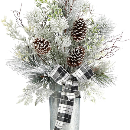 Nearly Natural 28in. Frosted Greenery and Pinecone with Plaid Bow Artificial Christmas Arrangement in Decorative Tin