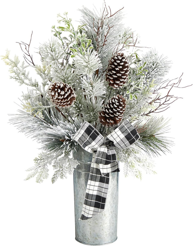 Nearly Natural 28in. Frosted Greenery and Pinecone with Plaid Bow Artificial Christmas Arrangement in Decorative Tin