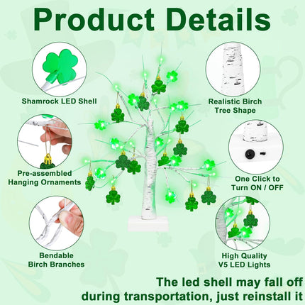 St Patricks Day Decorations, 18 Inches 24 LED Lighted Birch Tree Tabletop Decoration with 12 PCS Glitter Shamrock Ornaments, USB Battery Operated Lucky Tree Decor for St Patricks Day Irish Party