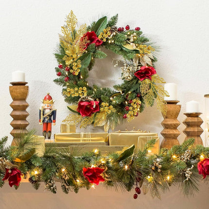 24 Pcs Artificial Glitter Christmas Tree Picks, Boxed 12 Poinsettia Flowers+ 6 Berry Stems+ 6 Flowers Berry Leaves Decorations Set, Indoor Outdoor Holiday Ornaments Decor, Gold