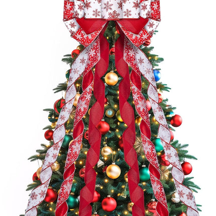 Christmas Tree Topper Wreath Bow, 48x13 Inches Large Christmas Bow with White Snowflakes, Decorative Ribbon Bows for Xmas Tree Wreath Door Festival Home Decor(Red & White)