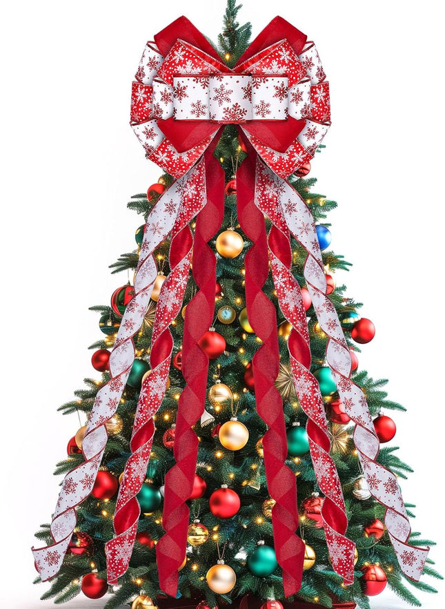 Christmas Tree Topper Wreath Bow, 48x13 Inches Large Christmas Bow with White Snowflakes, Decorative Ribbon Bows for Xmas Tree Wreath Door Festival Home Decor(Red & White)