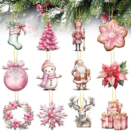 24pcs Pink Christmas Wooden Ornaments Christmas Snowman Santa Elk Garland Wood Decors Christmas Haniging Ornaments Pendants with Ropes for Christmas Tree Home Decor